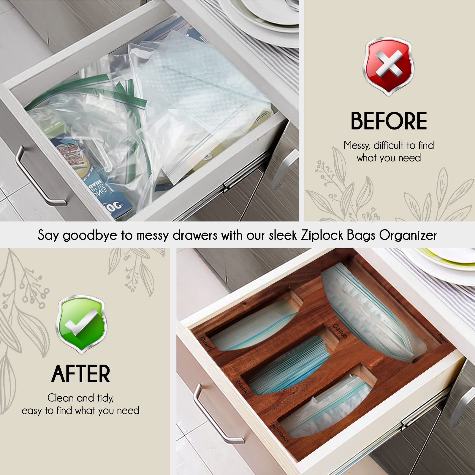 ECOGREDA Ziplock Bag Organizer, Wooden Baggie Organizer and Ziploc Bag  Storage for Drawer Kitchen, Compatible with Gallon, Quart, Sandwich & Snack